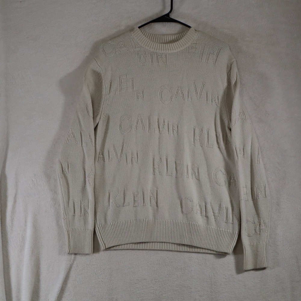 Calvin Klein Women's M Ivory Cream Logo Jacquard Knit Crewneck Sweater